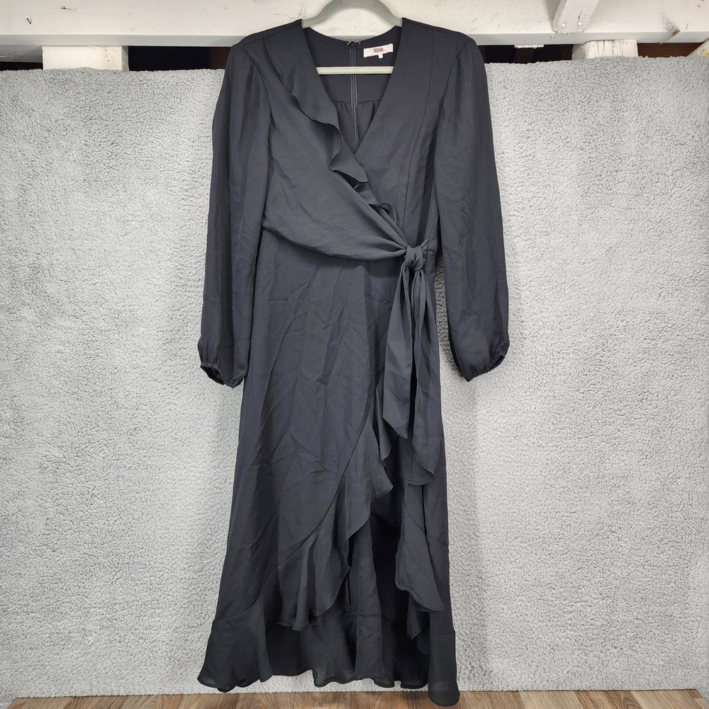 Parker Womens Black Faux Wrap Ruffle Midi Dress Long Sleeve Size 2